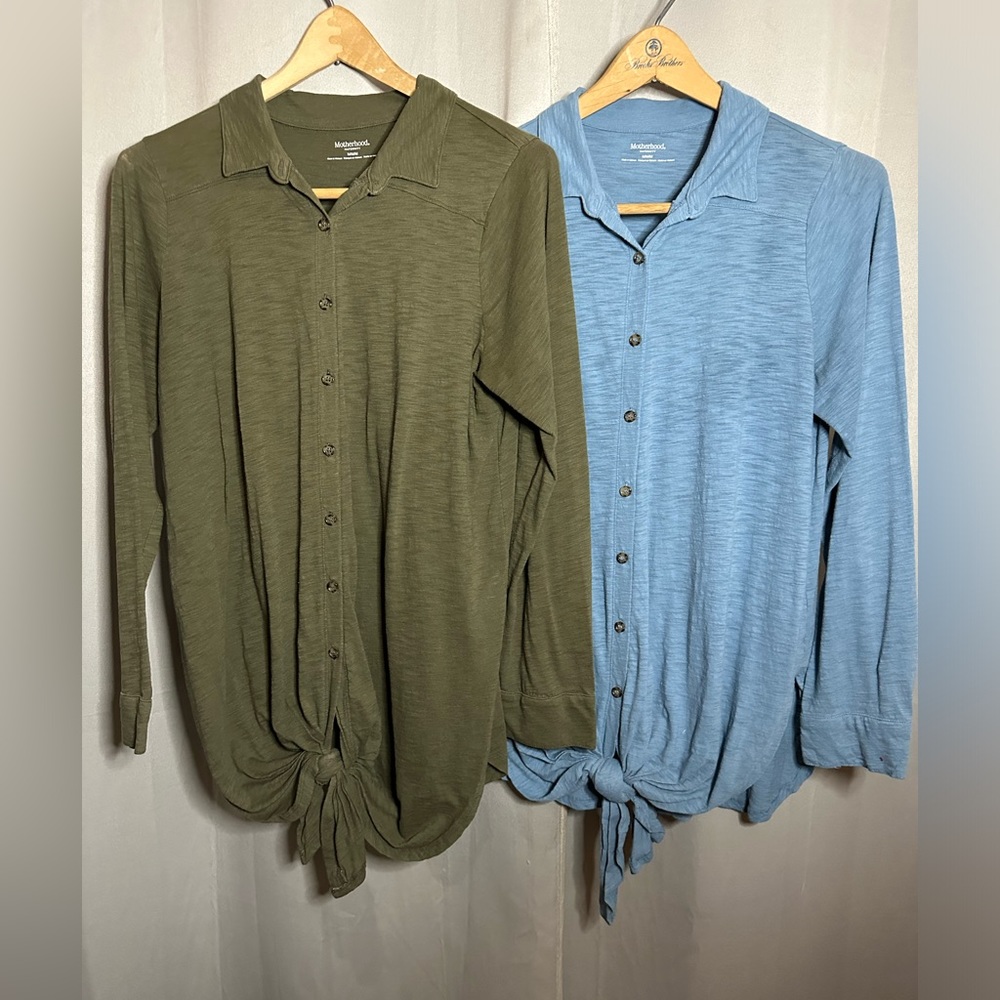 Motherhood Maternity Button Front Long-Sleeve Top (2) blue and olive green M